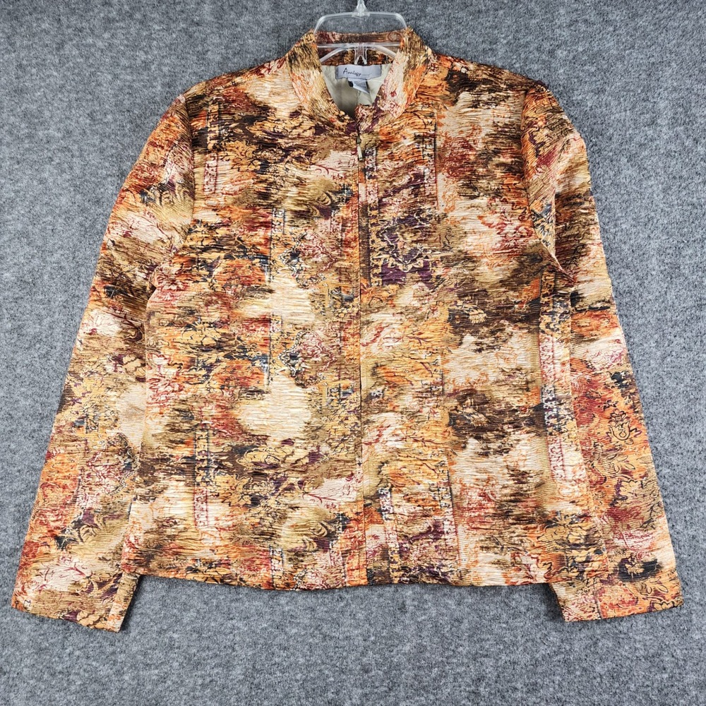 Analogy Jacket Womens Large Orange Gold Abstract Crinkle Zip‎ Front Mock Neck